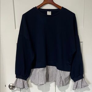 Anthropologie Mauve Navy Blue Sweater with Striped Ruffle Hem Sz L